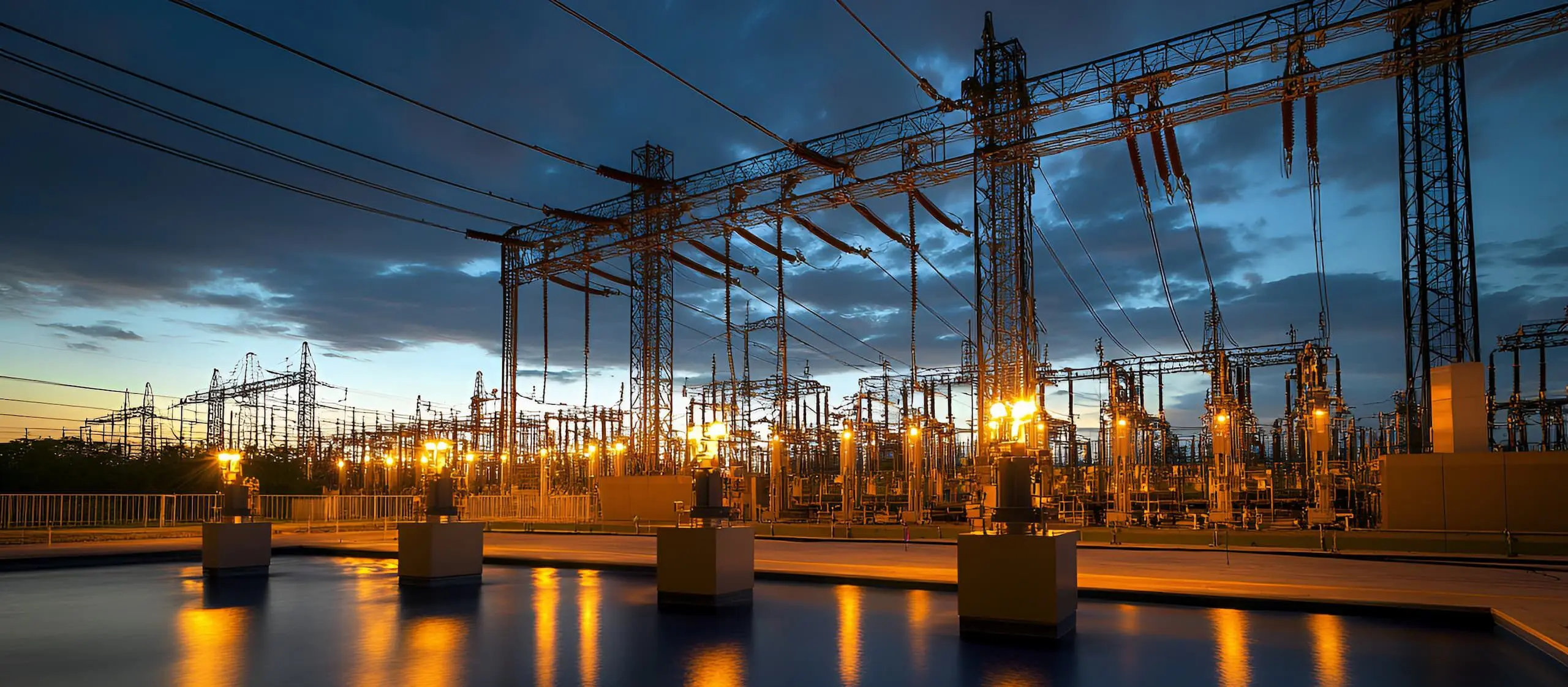 A high-voltage electrical substation at dusk, illuminated by bright yellow lights. The towering steel structures and intricate web of power lines contrast against the deep blue evening sky.